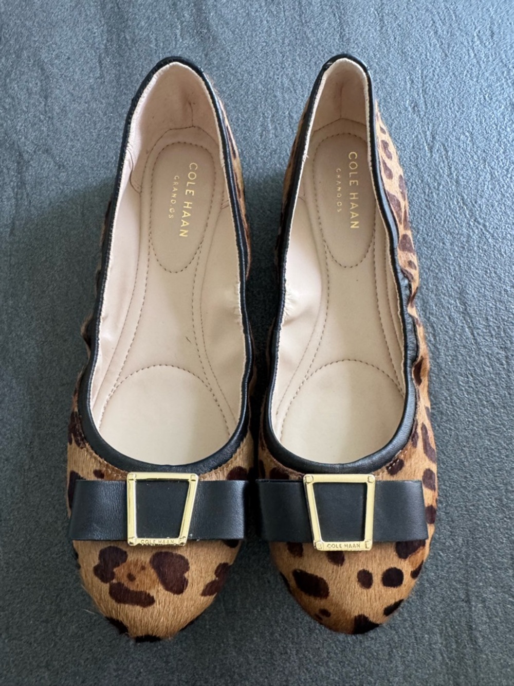 Cole Haan Leopard-Print Ballet Flats with Black Bow & Gold Buckle